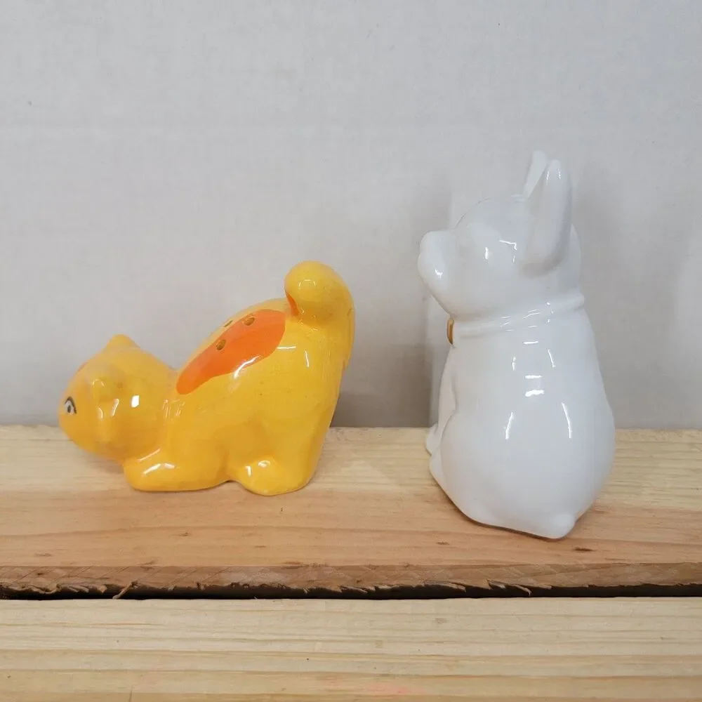 Dog and Cat Salt & Pepper Shakers Ceramic White and Orange
